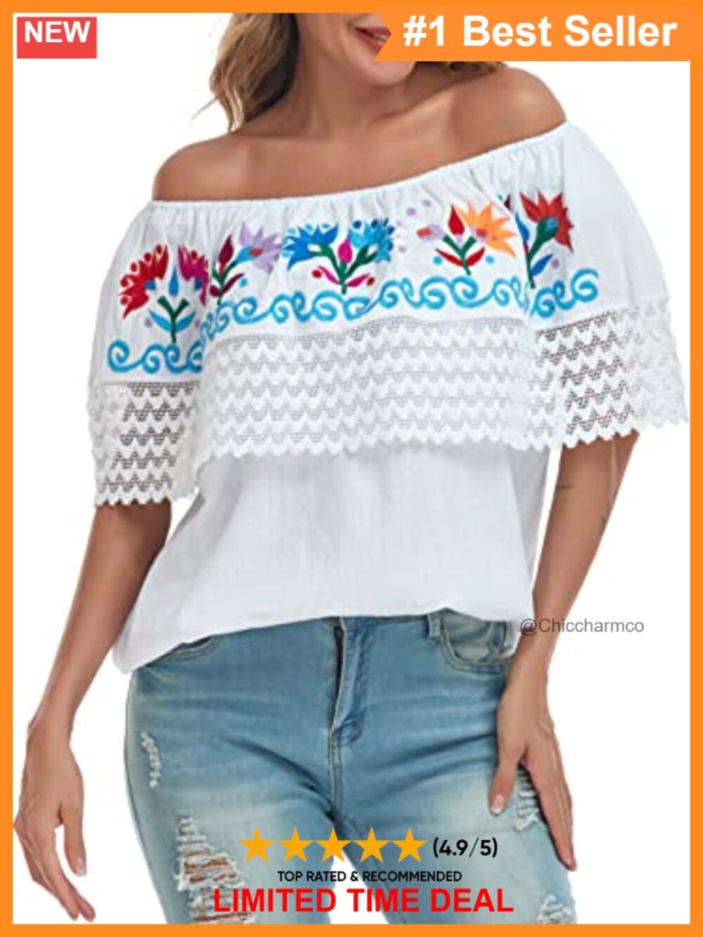 Women's 100% Cotton Embroidered Off-Shoulder Mexican Peasant Blouse